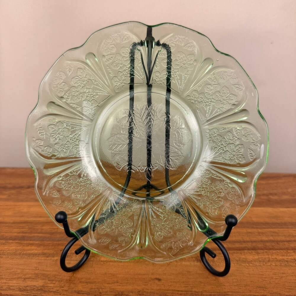 Jeanette Cherry Blossom Green Depression Glass Saucer 6" Uranium Vintage